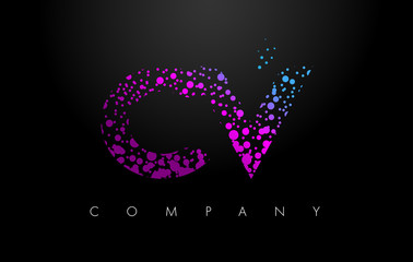 CV C V Letter Logo with Purple Particles and Bubble Dots
