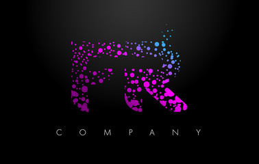 FR F R Letter Logo with Purple Particles and Bubble Dots