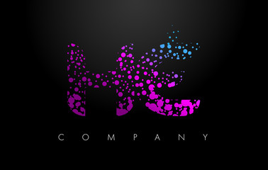 HE H E Letter Logo with Purple Particles and Bubble Dots