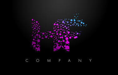 HF H F Letter Logo with Purple Particles and Bubble Dots