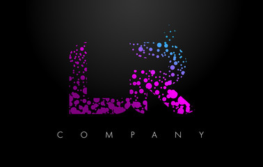 LR L R Letter Logo with Purple Particles and Bubble Dots