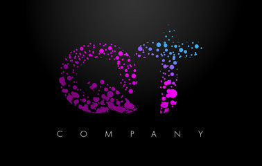 QT Q T Letter Logo with Purple Particles and Bubble Dots