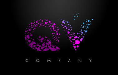 QV Q V Letter Logo with Purple Particles and Bubble Dots