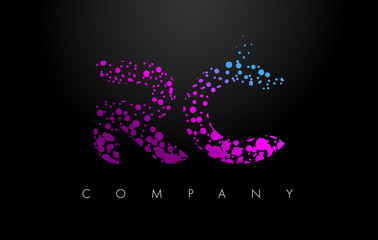 RC R C Letter Logo with Purple Particles and Bubble Dots