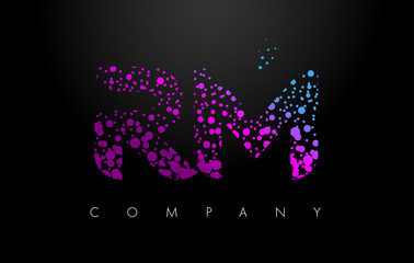 RM R M Letter Logo with Purple Particles and Bubble Dots