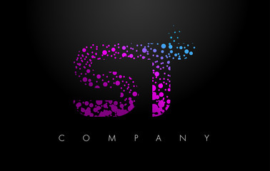 ST S T Letter Logo with Purple Particles and Bubble Dots