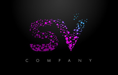 SV S V Letter Logo with Purple Particles and Bubble Dots