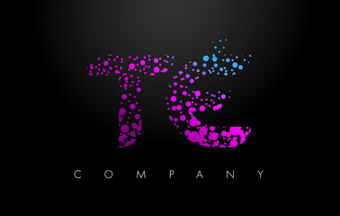 TE T E Letter Logo with Purple Particles and Bubble Dots