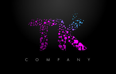 TK T K Letter Logo with Purple Particles and Bubble Dots