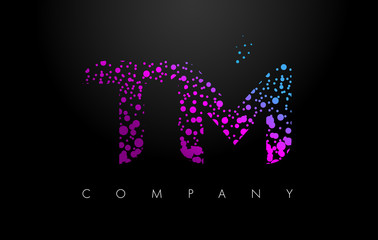 TM T M Letter Logo with Purple Particles and Bubble Dots