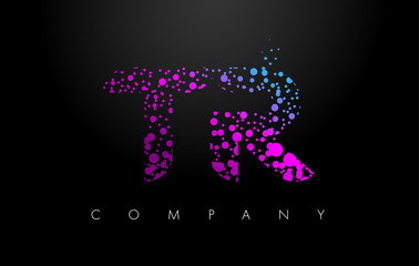TR T R Letter Logo with Purple Particles and Bubble Dots