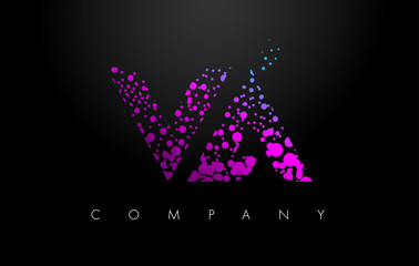 VA V A Letter Logo with Purple Particles and Bubble Dots