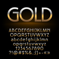 Vector set of shiny gold letters, symbols and numbers on dark background. Contains graphic style