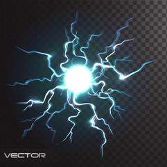 Isolated realistic lightning bolt with transparency for design. Flash thunderstorm and thunderbolt realistic effect. Magic and bright lighting natural effects with transparency vector illustration