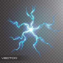 Isolated realistic lightning bolt with transparency for design. Flash thunderstorm and thunderbolt realistic effect. Magic and bright lighting natural effects with transparency vector illustration