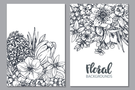 Floral backgrounds with hand drawn spring flowers and plants