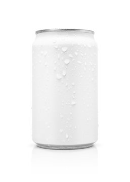 blank packaging beverage tin can with water drops isolated on white background