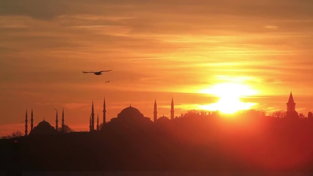 Istanbul, Sarayburnu. In the distance are such landmarks as Blue Mosque, Hagia Sophia and Topkapi Palace