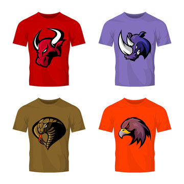 Furious bull, rhino, cobra and eagle head sport vector logo concept set isolated on color t-shirt mockup. 
Modern team badge design. Premium quality wild animal t-shirt tee print illustration.