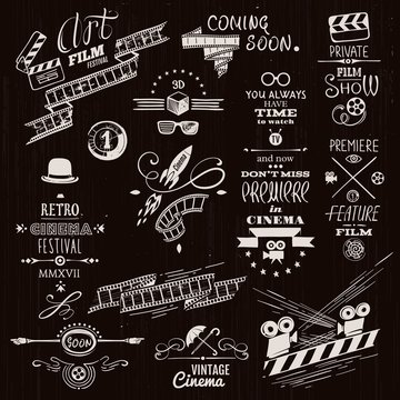 Retro Hand drawn Vignettes, Decorative Elements, Headers and Lettering on Cinema