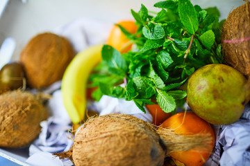 Mint, fruit, coconuts
