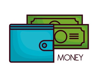 wallet and green bills icon over white background. colorful design. vector illustration