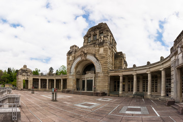 Naklejka premium Stuttgart Germany Pragfriedhof Cemetery Feierhalle Architecture Destination Location Building European