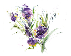 Floral bouquet with bright purple flowers. Original watercolor painting.