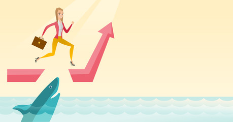 Fototapeta premium Business woman jumping over ocean with shark.