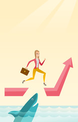 Business woman jumping over ocean with shark.