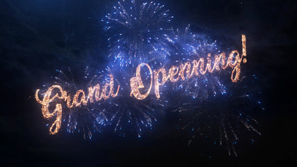 Grand Opening greeting text with particles and sparks on black night sky with colored slow motion fireworks on background, beautiful typography magic design.