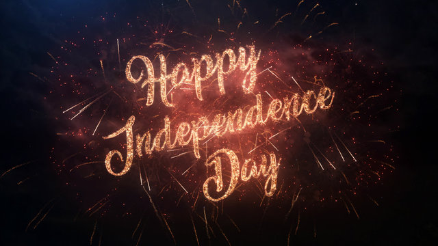 Happy Independence Day greeting text with particles and sparks on black night sky with colored slow motion fireworks on background, beautiful typography magic design.