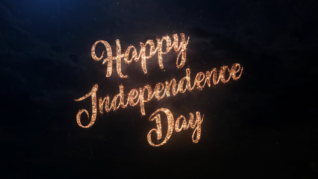 Happy Independence Day greeting text with particles and sparks on black night sky with colored slow motion fireworks on background, beautiful typography magic design.
