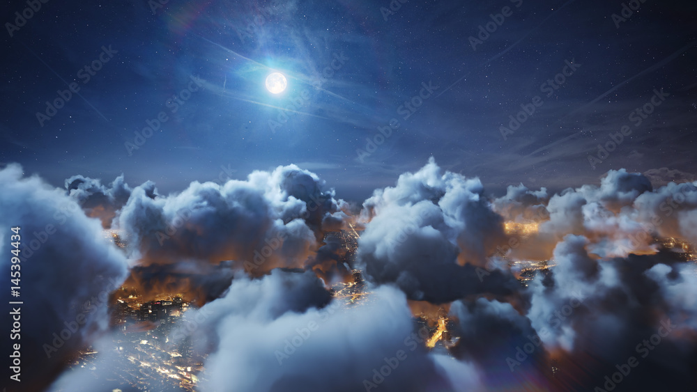 Wall mural flying over the deep night timelapse clouds with moon light. seamlessly looped animation. flight thr