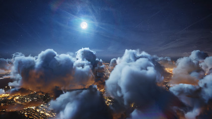 Flying over the deep night timelapse clouds with moon light. Seamlessly looped animation. Flight...