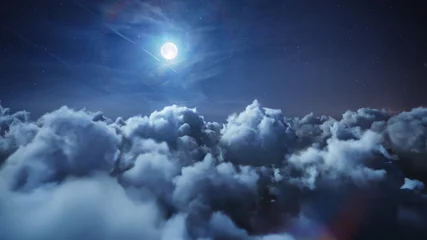 Fototapete Flying over the deep night timelapse clouds with moon light. Seamlessly looped animation. Flight through moving cloudscape with beautiful moon. Perfect for cinema, background, digital composition. © railwayfx