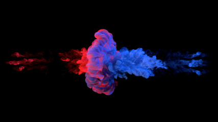 Color paint drops in water. Ink swirling underwater. Cloud of silky ink collision isolated on black background. Colorful abstract smoke explosion animation. Close up camera view. - obrazy, fototapety, plakaty