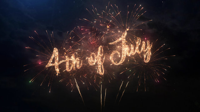 4th Of July Greeting Text With Particles And Sparks On Black Night Sky With Colored Slow Motion Fireworks On Background, Beautiful Typography Magic Design.