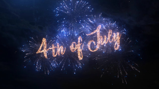 4th of July greeting text with particles and sparks on black night sky with colored slow motion fireworks on background, beautiful typography magic design.