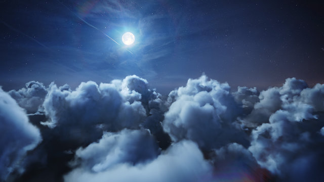 Flying over the deep night timelapse clouds with moon light. Seamlessly looped animation. Flight through moving cloudscape with beautiful moon. Perfect for cinema, background, digital composition.