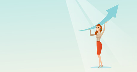 Business woman holding arrow going up.