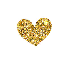 Gold glitter vector heart. Golden sparcle St. Valentines day card. Amber particles. Luxury design element.
