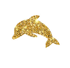 Gold glitter vector dolphin. Golden sparcle fish. Amber particles. Luxury design element.
