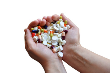 Hands with pills and drug on white background