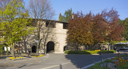 Bergamo - Old city (Citta Alta). One of the beautiful city in Italy. Lombardia. Landscape from Colle Aperto place during a wonderful blue day.