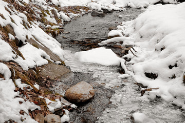 Pure mountain stream on winter day