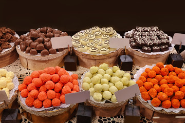 Various tasty sweets in candy shop
