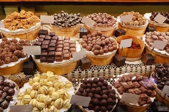 Various tasty sweets in candy shop