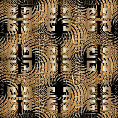 Modern greek key seamless pattern. Geometric vector  background wallpaper illustration with gold 3d vintage tile striped ornaments, squares, radial circles, rhombus.  Decor with shadows and highlights