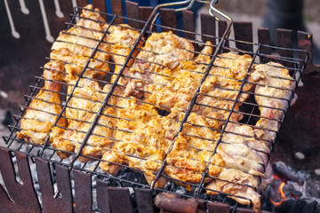 Pieces of chicken meat, roasted on the grill.